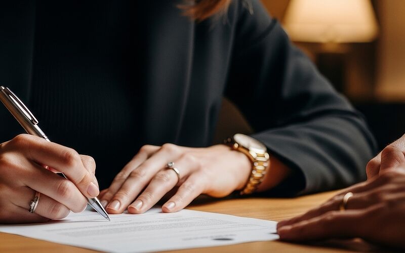Person unterschreibt einen Immobilienvertrag auf einem Schreibtisch – symbolisch für Grundbuch, notarielle Beglaubigung und rechtliche Absicherung