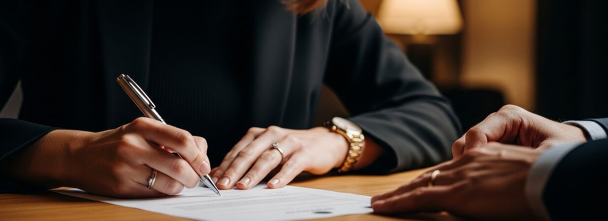 Person unterschreibt einen Immobilienvertrag auf einem Schreibtisch – symbolisch für Grundbuch, notarielle Beglaubigung und rechtliche Absicherung