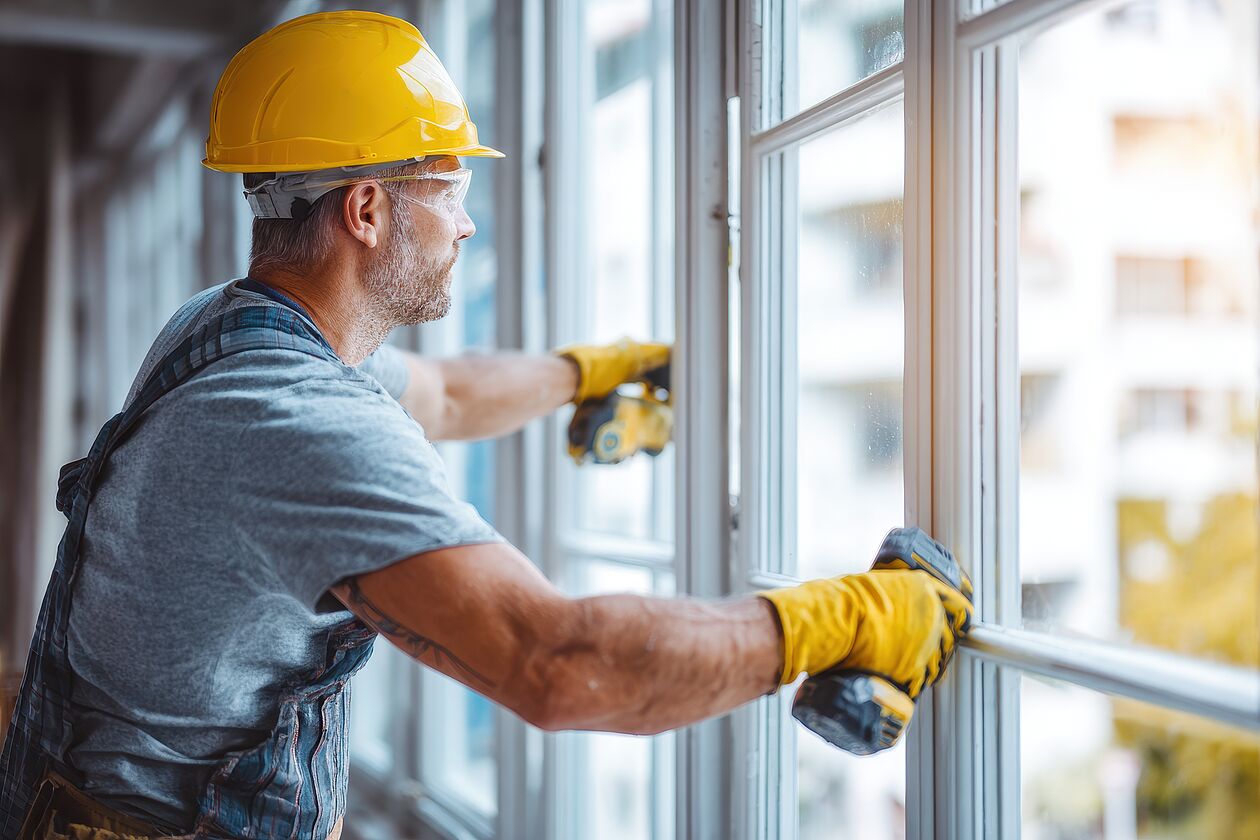 Handwerker mit Schutzhelm und Handschuhen montiert Fenster bei Gebäudesanierung.