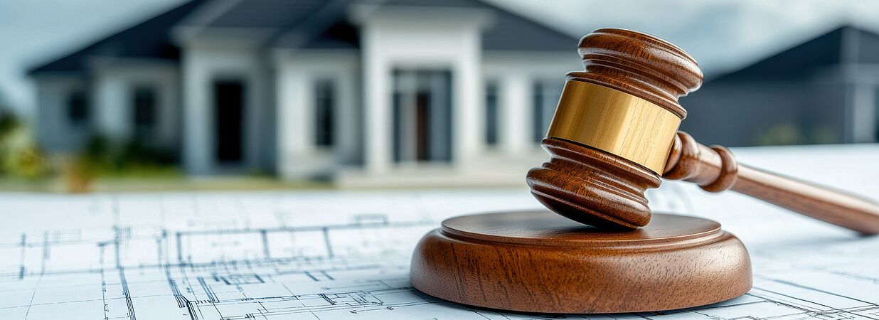 Richterhammer auf Bauplan vor Haus – Symbol für Eigentum und Grundbucheintrag
