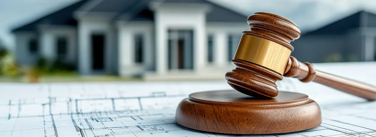Richterhammer auf Bauplan vor Haus – Symbol für Eigentum und Grundbucheintrag