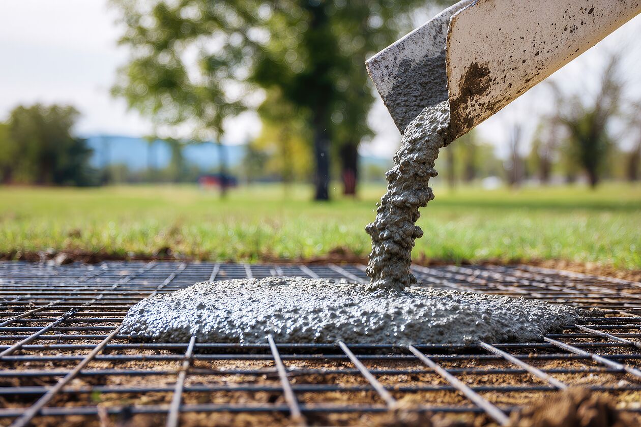 Beton wird auf Stahlbewehrung gegossen – Fundamentbau für eine Garage