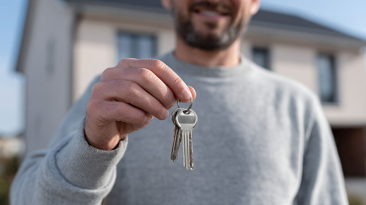 Verkäufer hält Schlüssel vor einem Haus nach erfolgreichem Immobilienverkauf.