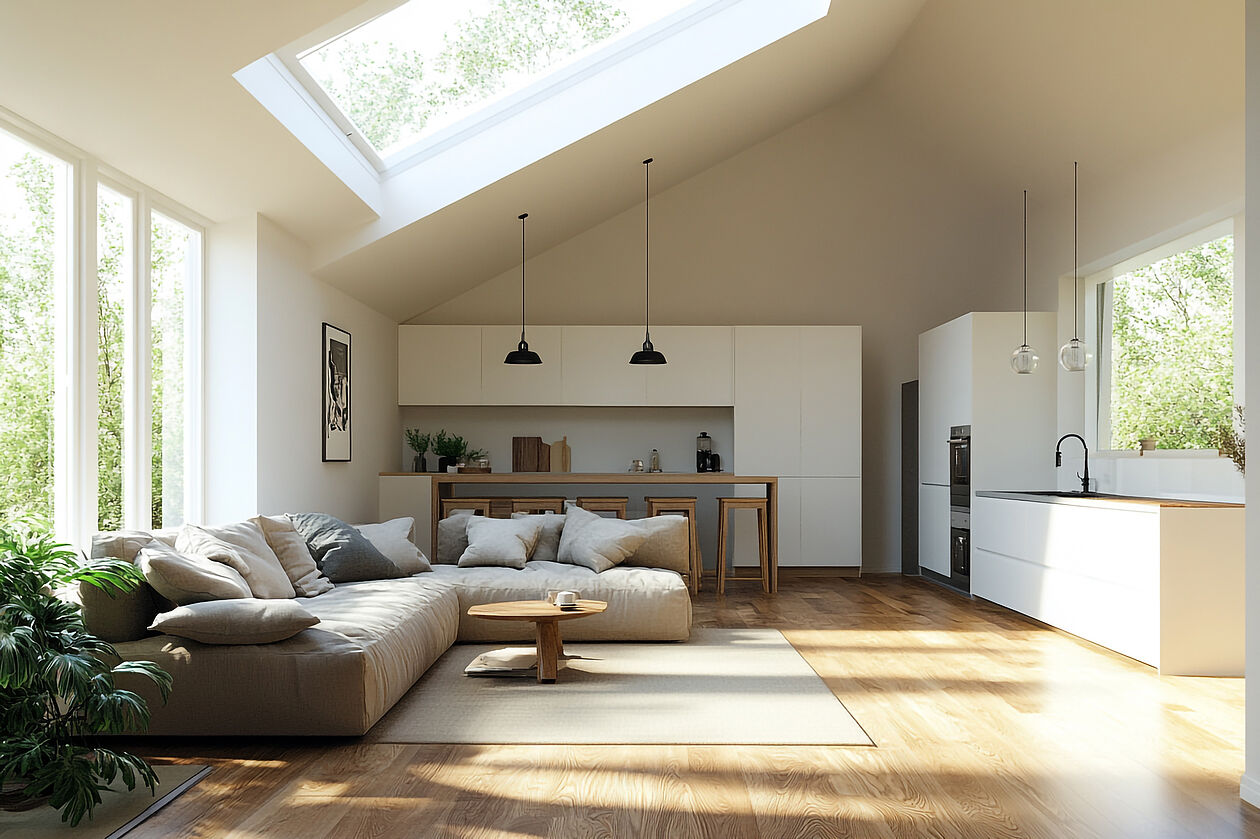 Helles Wohnzimmer unter dem Dach mit Dachflächenfenstern und moderner Einrichtung.