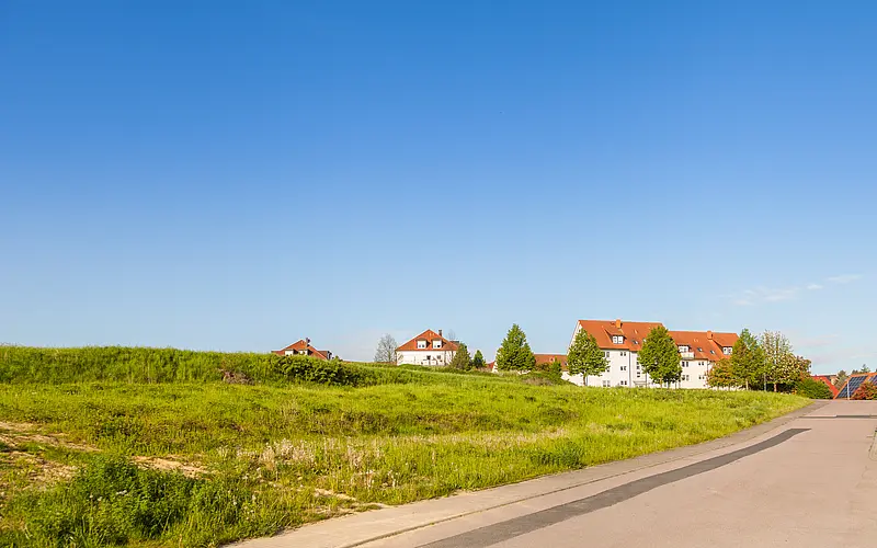 Landschaft mit Häusern und Wiese an einer Straße.