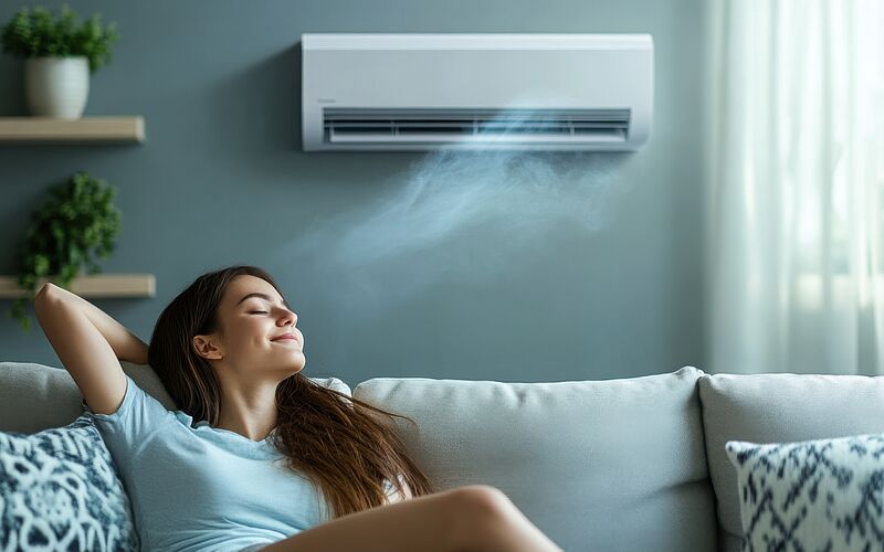 Frau entspannt auf Sofa unter laufender Klimaanlage im Wohnzimmer.