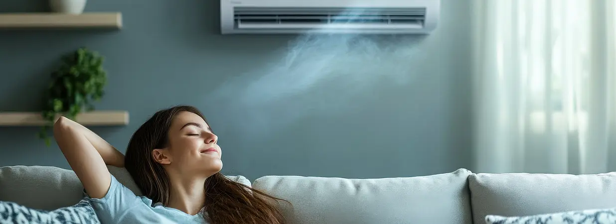 Frau entspannt auf Sofa unter laufender Klimaanlage im Wohnzimmer.