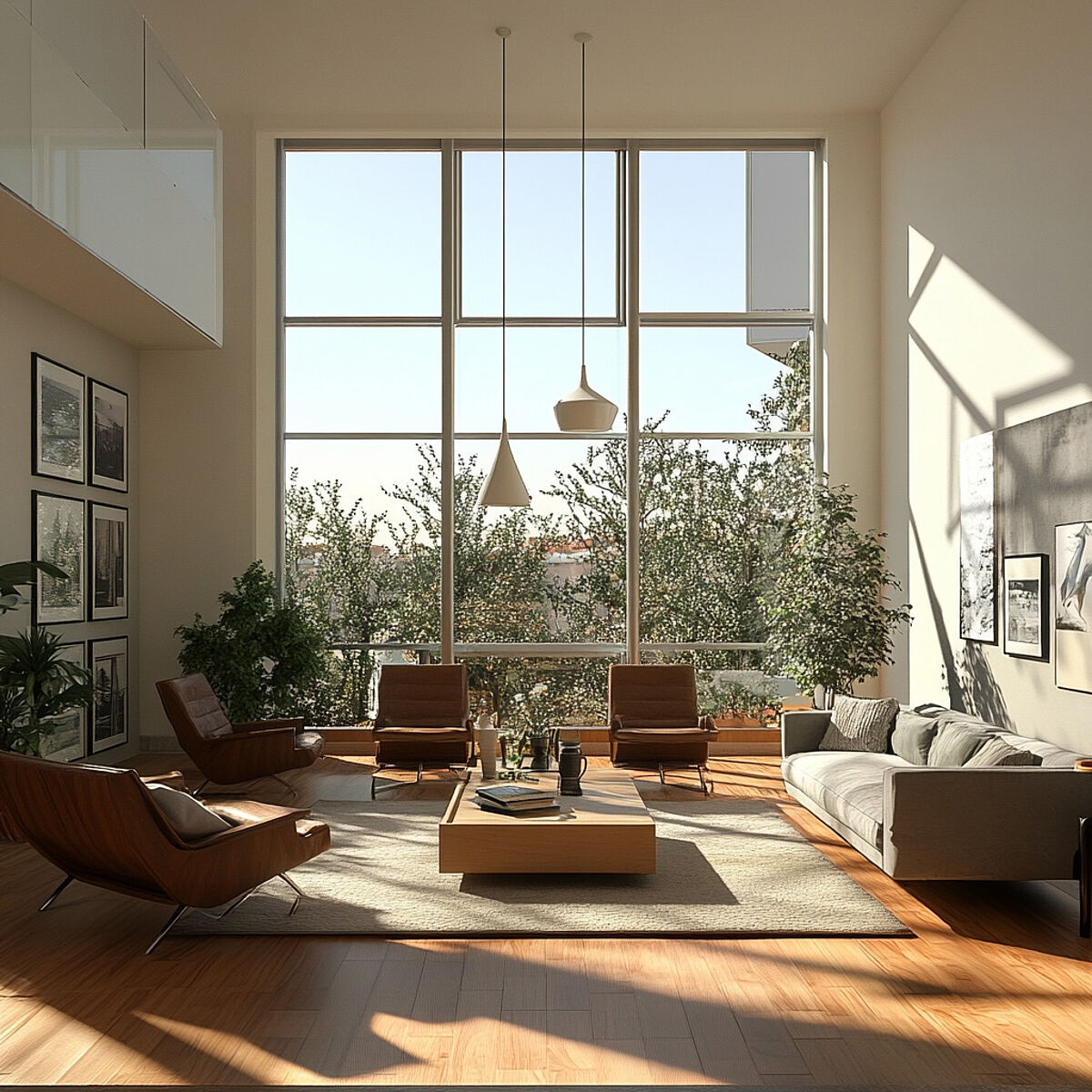 Stilvoll eingerichtetes Wohnzimmer mit hohen Decken und riesigen Panoramafenstern. Der Raum ist lichtdurchflutet, mit modernen Möbeln, vielen Pflanzen und einer gemütlichen Sitzecke auf einem Teppich im Zentrum.