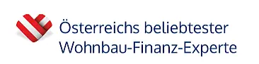 Logo mit rot-weiß-rotem Herzsymbol und der Aufschrift „Österreichs beliebtester Wohnbau-Finanz-Experte“ in blauer Schrift – ein Qualitätssiegel oder Auszeichnung im Finanz- oder Immobilienbereich.