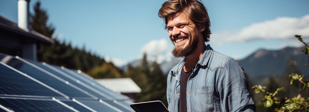 Mann mit Ipad vor Photovoltaikanlage