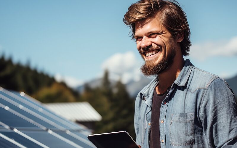 Mann mit Ipad vor Photovoltaikanlage