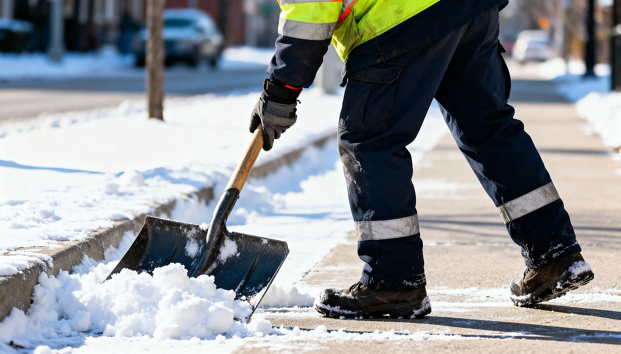 Ein Arbeiter räumt Schnee mit einer Schneeschaufel von einem Gehweg.