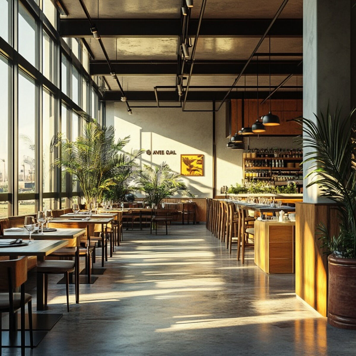 Modernes, sonnendurchflutetes Restaurant mit hohen Decken, großen Fenstern und stilvoller Einrichtung. Die Tische sind ordentlich gedeckt, grüne Pflanzen sorgen für eine gemütliche Atmosphäre, und im Hintergrund ist eine Bar mit Regalen zu sehen.