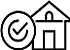 Einfaches Symbol eines Hauses mit einem danebenliegenden Kreis, in dem ein Häkchen enthalten ist – steht sinnbildlich für eine geprüfte oder genehmigte Immobilie.