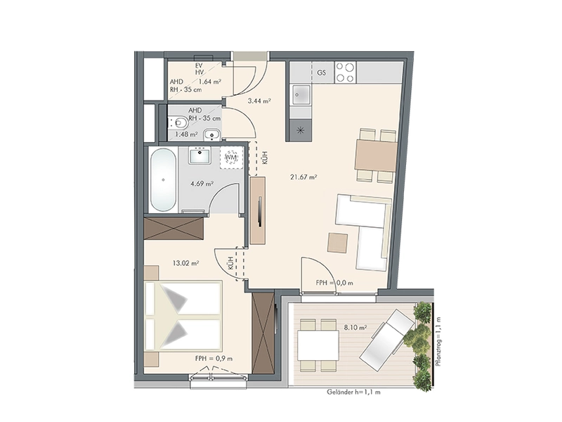 Klimatisierte südseitige 2-Zimmer Wohnung im 8. OG zu Sonderkonditionen