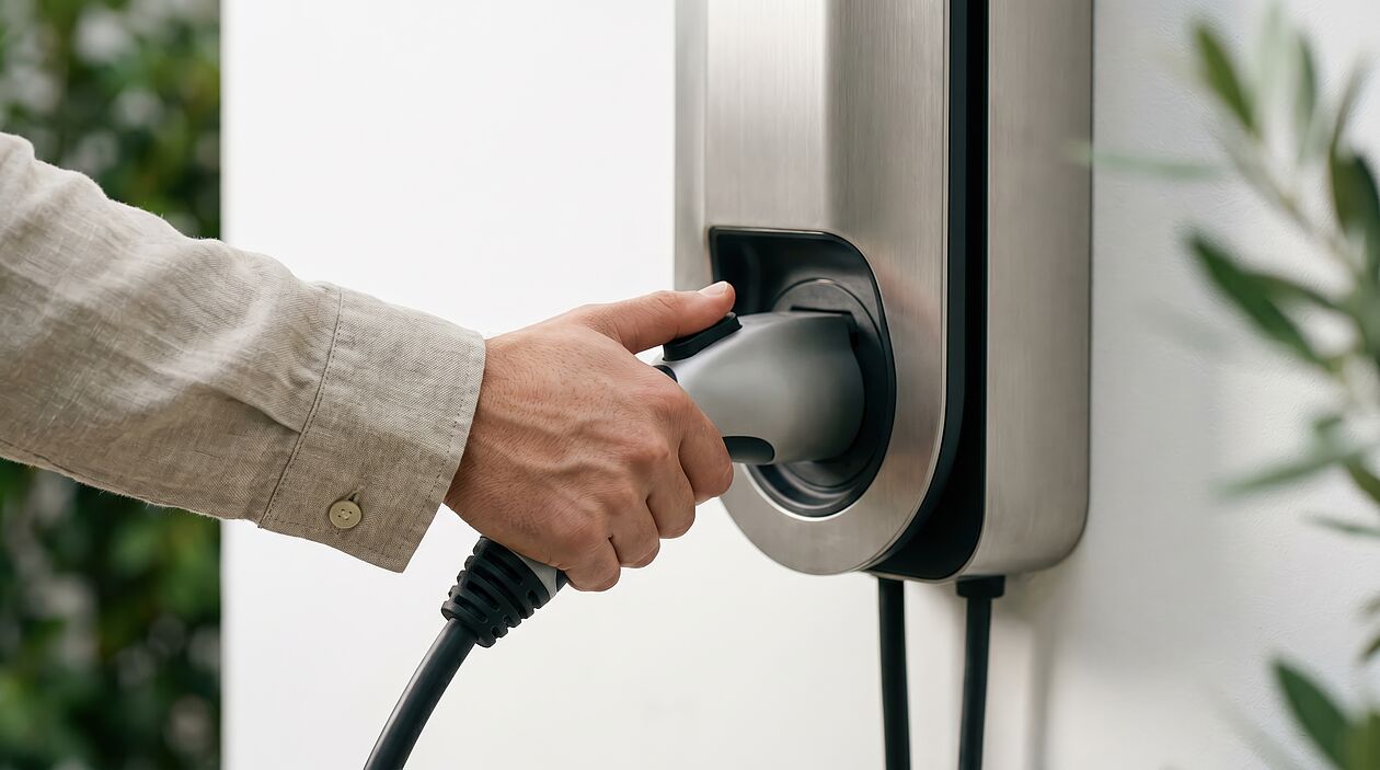 Hand holt Ladestation aus Wallbox raus. 