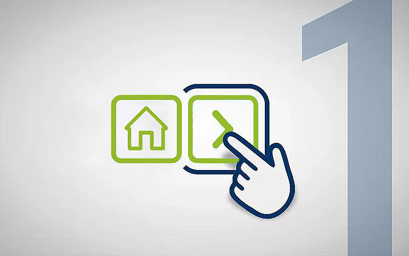 Symbolgrafik mit einem Haus-Icon und einem Pfeilsymbol in Kästchen, daneben eine stilisierte Hand, die auf das Pfeilsymbol zeigt. Im Hintergrund ist eine große, transparente Zahl "1" zu sehen – möglicherweise als Schritt-für-Schritt-Anleitung dargestellt.