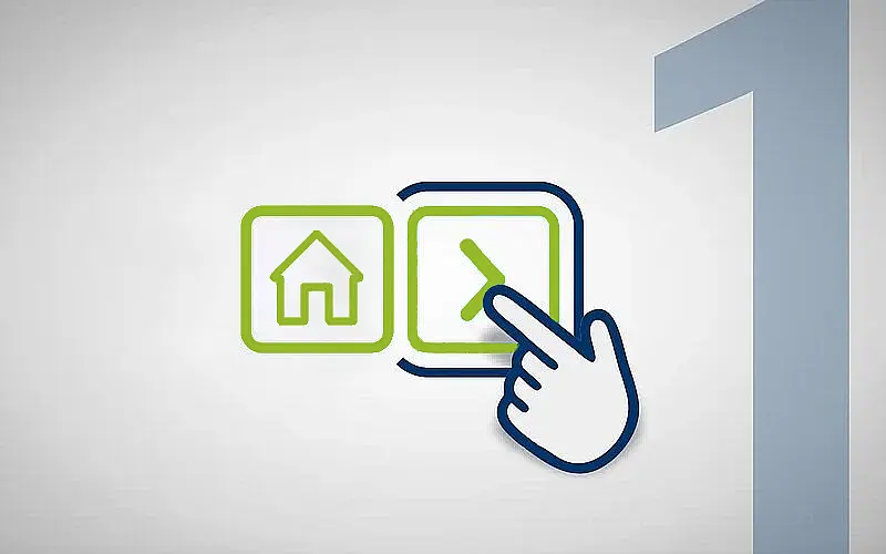 Symbolgrafik mit einem Haus-Icon und einem Pfeilsymbol in Kästchen, daneben eine stilisierte Hand, die auf das Pfeilsymbol zeigt. Im Hintergrund ist eine große, transparente Zahl "1" zu sehen – möglicherweise als Schritt-für-Schritt-Anleitung dargestellt.