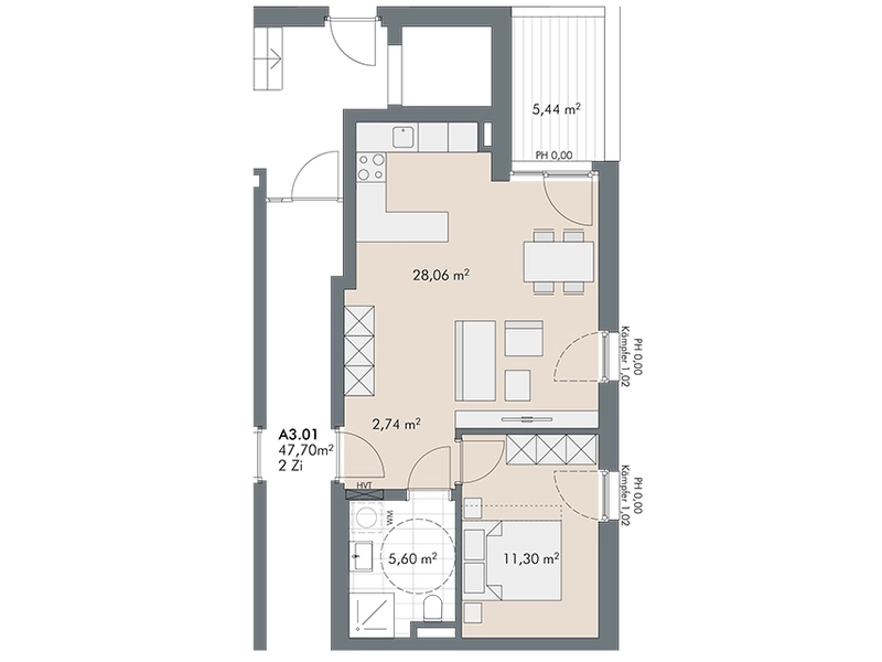Hochwertige 2-Zimmer Wohnung mit Balkon (Top A3.1)