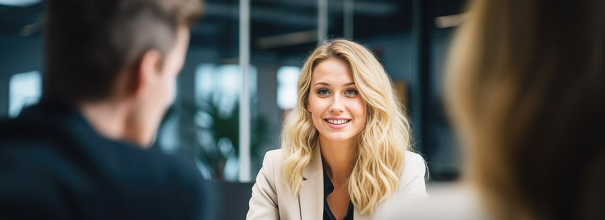 Beraterin erklärt einem Paar die Finanzplanung für den Immobilienkauf in modernem Büro.