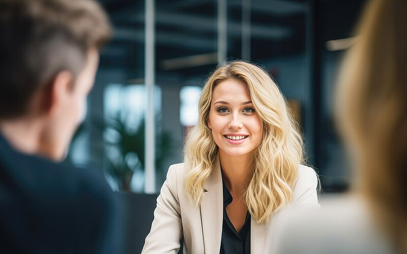 Beraterin erklärt einem Paar die Finanzplanung für den Immobilienkauf in modernem Büro.