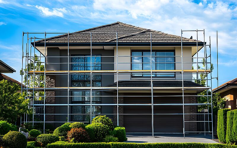 Modernes zweigeschossiges Haus mit Baugerüst während einer Kernsanierung