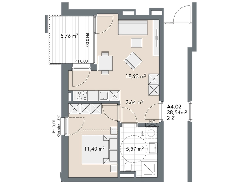 2-Zimmer Wohnung mit Balkon Richtung ruhigen Innenhof (Top A4.2)