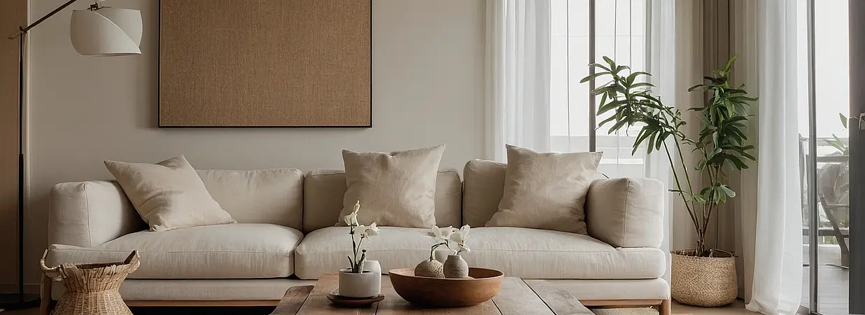 Ein helles, vollständig möbliertes Wohnzimmer mit Sofa, Couchtisch und großen Fenstern.