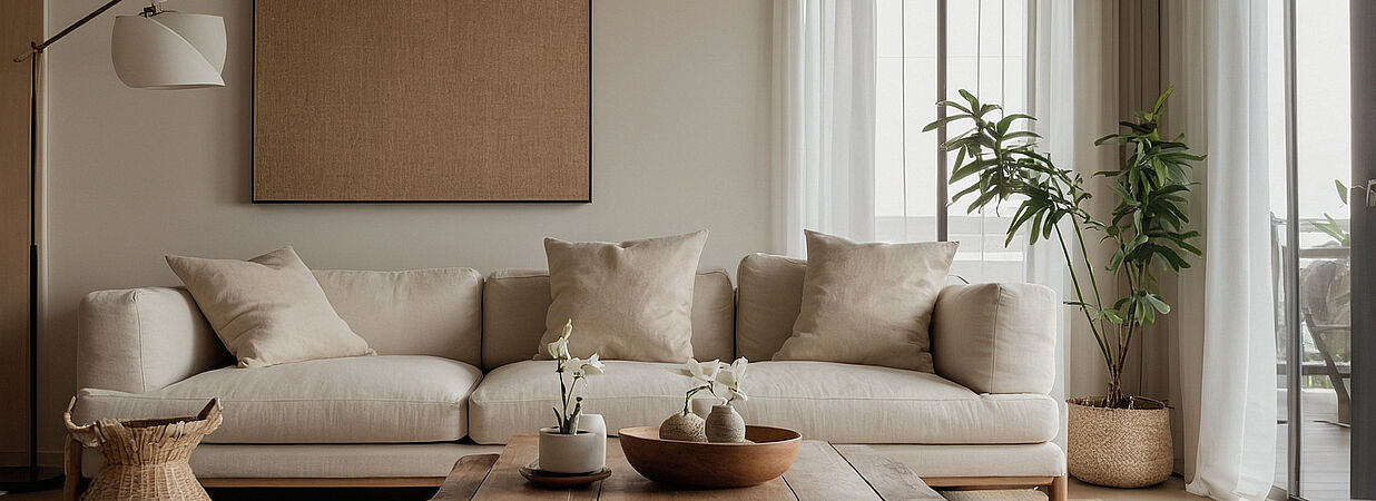 Ein helles, vollständig möbliertes Wohnzimmer mit Sofa, Couchtisch und großen Fenstern.