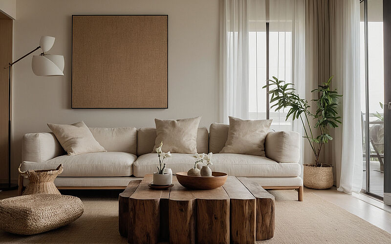 Ein helles, vollständig möbliertes Wohnzimmer mit Sofa, Couchtisch und großen Fenstern.