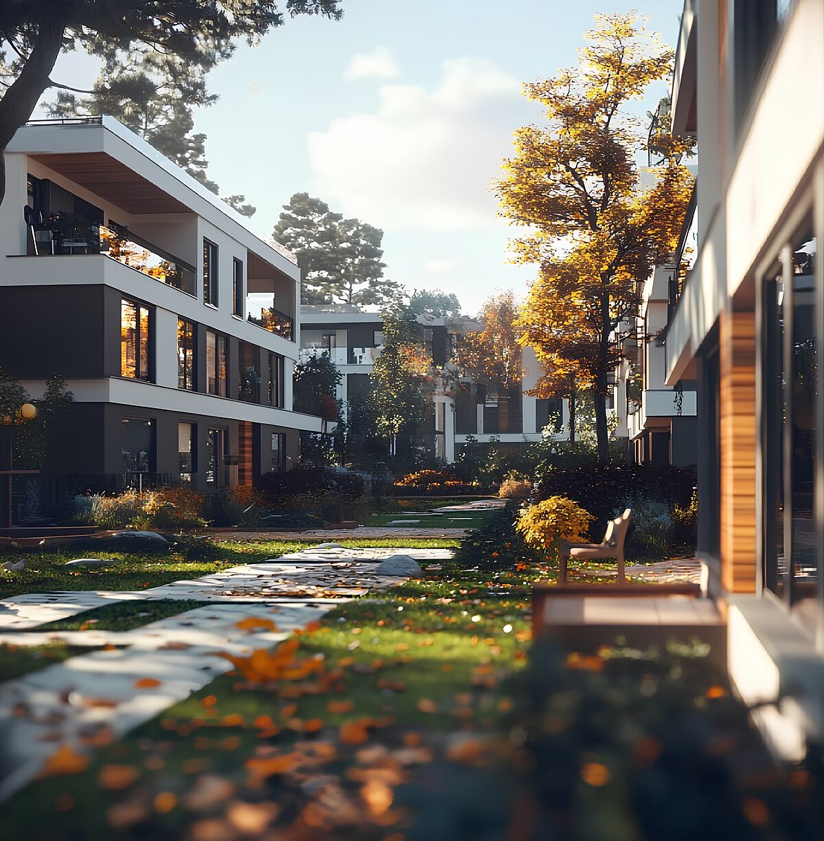 Moderne Wohnanlage mit stilvollen, flachen Gebäuden und großen Fenstern. Ein gepflegter, von Bäumen gesäumter Weg führt durch die Anlage, herbstliches Laub liegt auf dem Rasen. Die Szene ist in warmes Sonnenlicht getaucht.