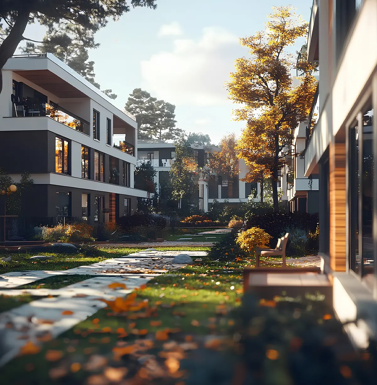 Moderne Wohnanlage mit stilvollen, flachen Gebäuden und großen Fenstern. Ein gepflegter, von Bäumen gesäumter Weg führt durch die Anlage, herbstliches Laub liegt auf dem Rasen. Die Szene ist in warmes Sonnenlicht getaucht.
