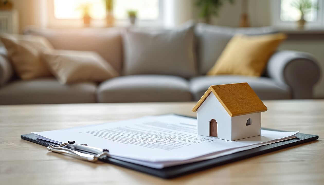 Hausmodell steht auf einem Mietvertrag auf einem Klemmbrett im Wohnzimmer.