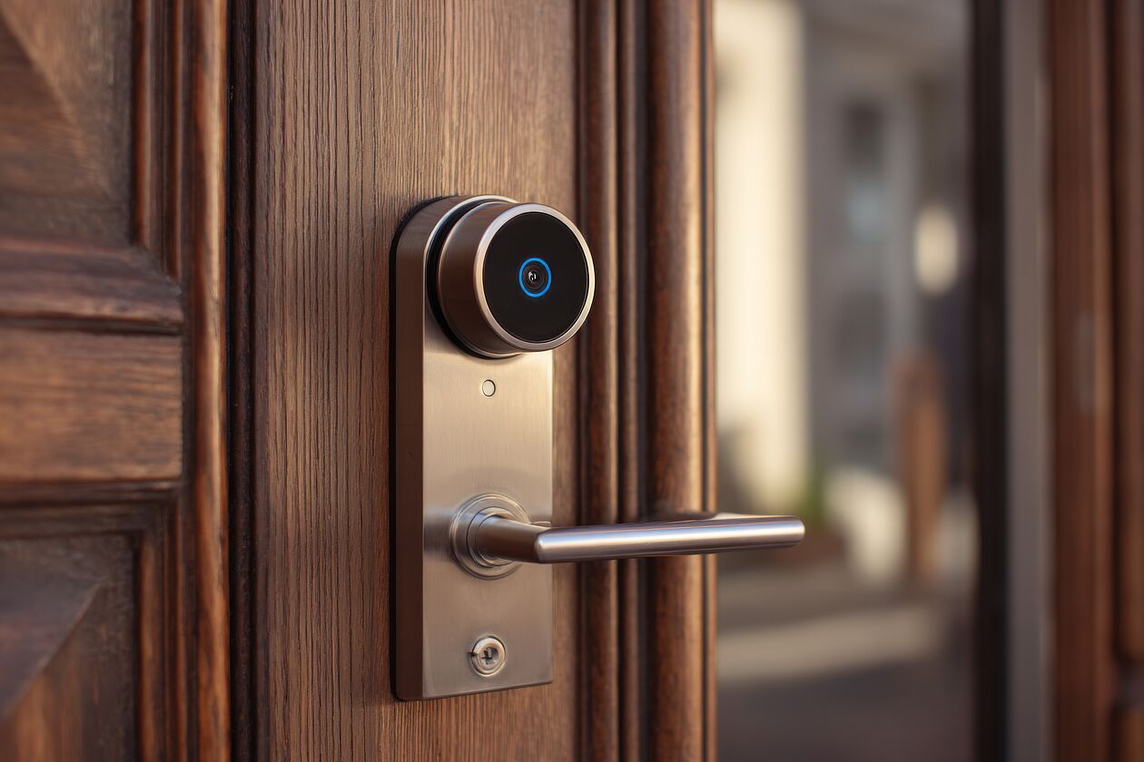 Nahaufnahme eines modernen Smart-Locks an einer Haustür zur Verbesserung der Wohnsicherheit