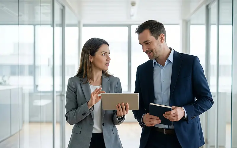 Unternehmer besprechen Investitions- und Förderplanung mit Tablet im modernen Büro.