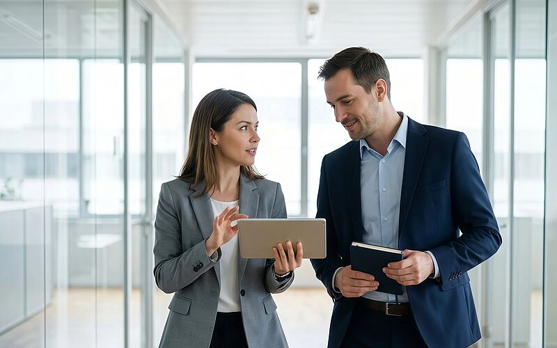 Unternehmer besprechen Investitions- und Förderplanung mit Tablet im modernen Büro.