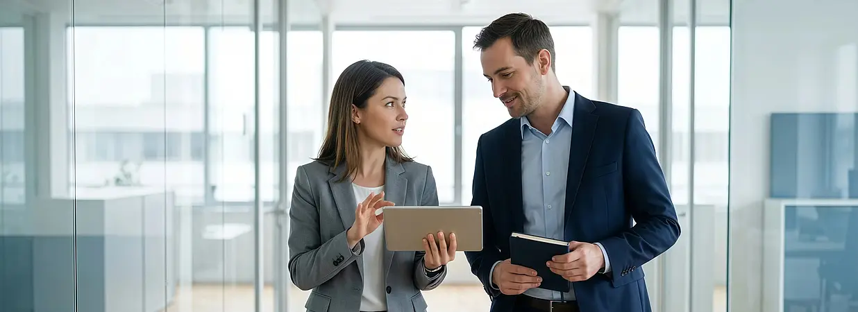 Unternehmer besprechen Investitions- und Förderplanung mit Tablet im modernen Büro.