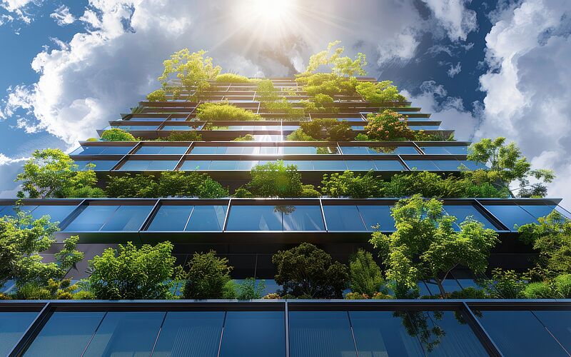 Modernes Haus mit viel grünen Pflanzen