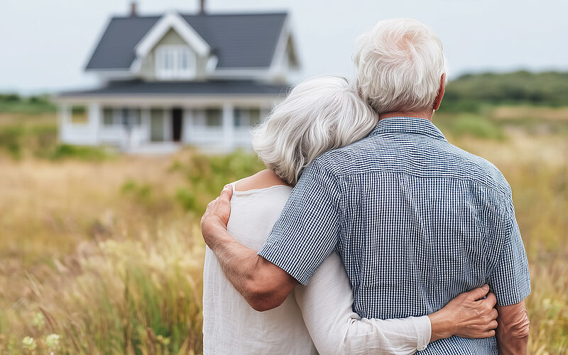 Senioren Paar im Garten vor dem Haus