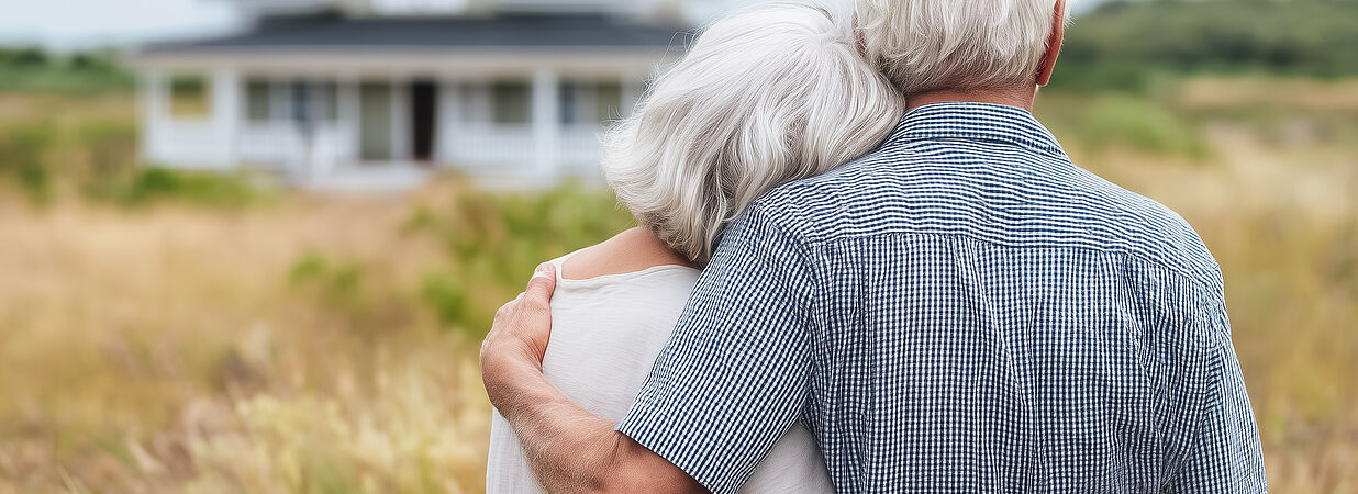 Senioren Paar im Garten vor dem Haus