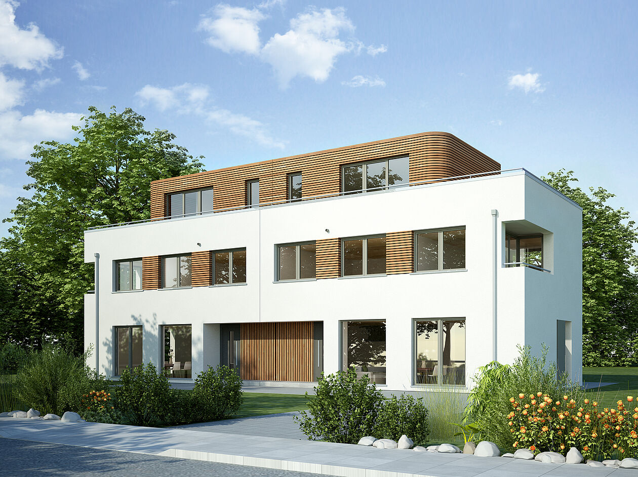 Modernes Doppelhaus mit weißer Fassade.