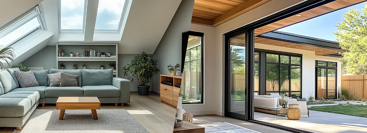 Geteiltes Bild mit moderner Dachgeschosswohnung und Erdgeschosswohnung mit Terrasse und Garten.