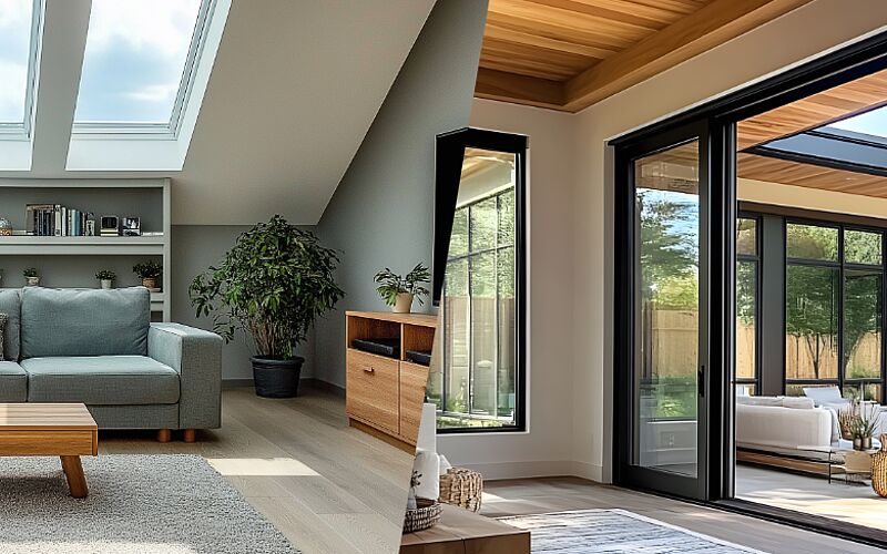 Geteiltes Bild mit moderner Dachgeschosswohnung und Erdgeschosswohnung mit Terrasse und Garten.
