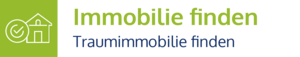 Logo oder Schaltfläche mit grünem Haussymbol und der Aufschrift „Immobilie finden – Traumimmobilie finden“ in grüner und blauer Schrift.
