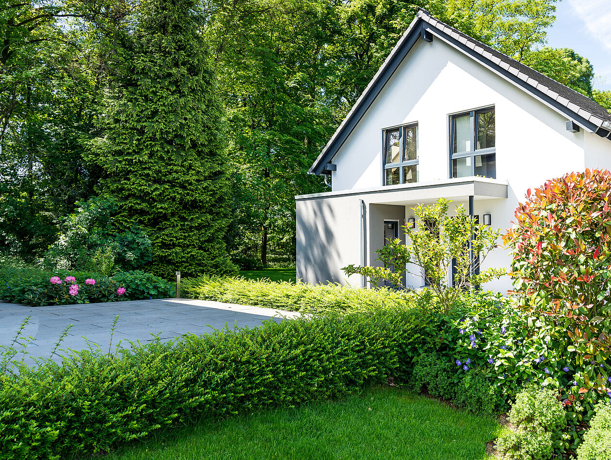 Ein modernes Wohnhaus steht in ruhiger Lage direkt am Waldrand.