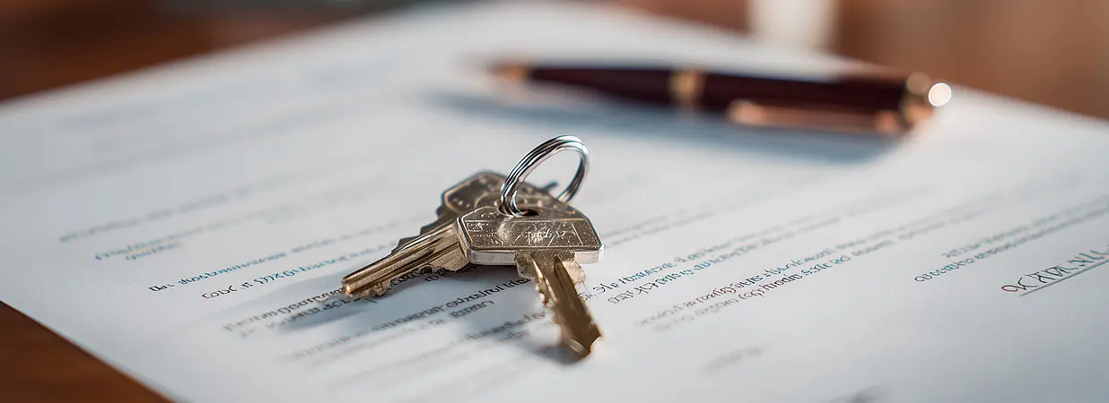 Schlüssel liegen auf Vertragsunterlagen für einen Immobilienverkauf.