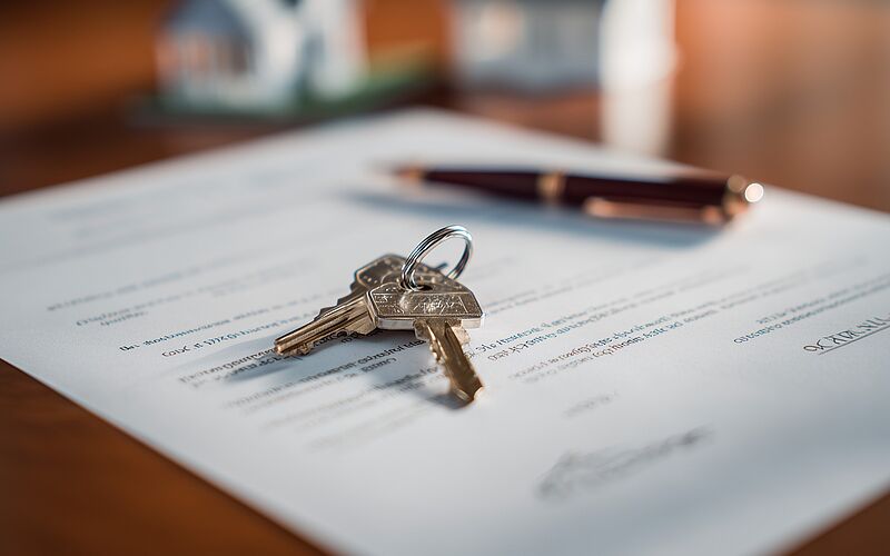 Schlüssel liegen auf Vertragsunterlagen für einen Immobilienverkauf.