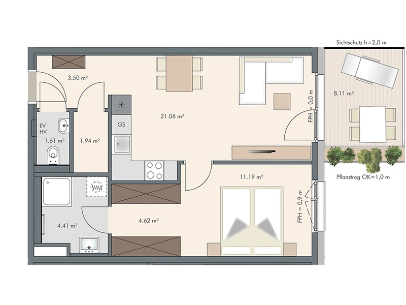 2-Zimmer Wohnung mit Parkblick ab EUR 950,- monatl.