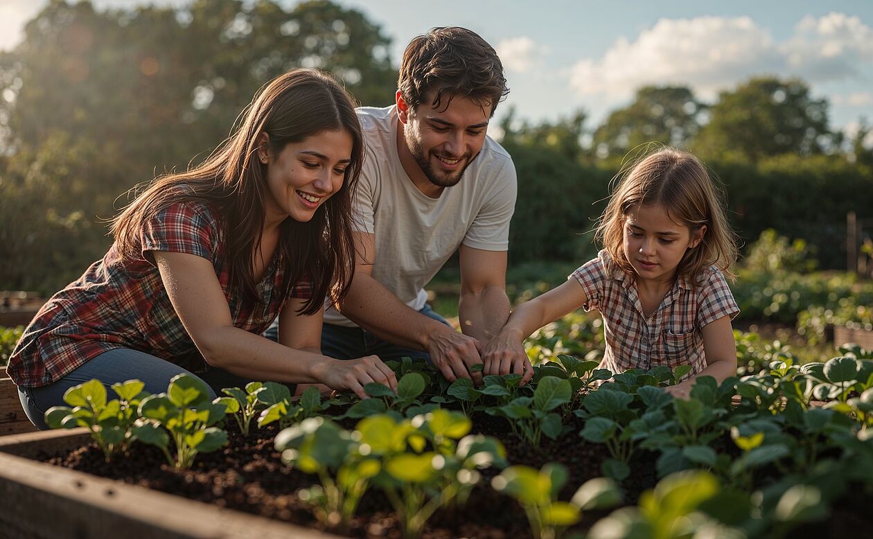 Familie pflegt gemeinsam ein Hochbeet und pflanzt Gemüse in einem Garten.