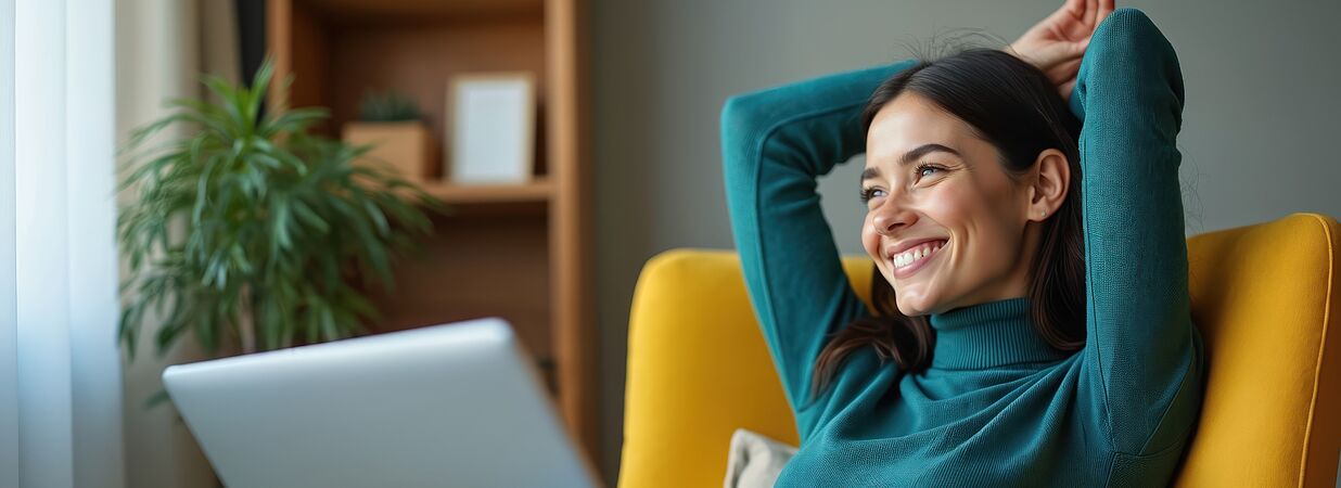 Eine lächelnde Frau sitzt entspannt mit Laptop im Wohnzimmer: Symbol für Erleichterung durch Rückforderung von Kreditgebühren.